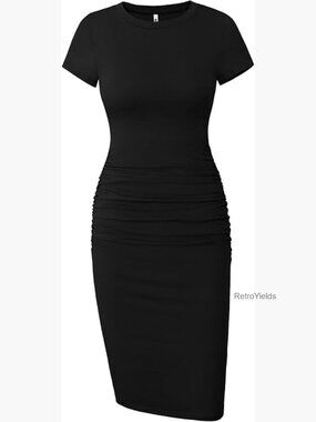 Short Sleeve Ruched Midi Bodycon Dress, Slim Fit, Knee Length, Casual Sundress